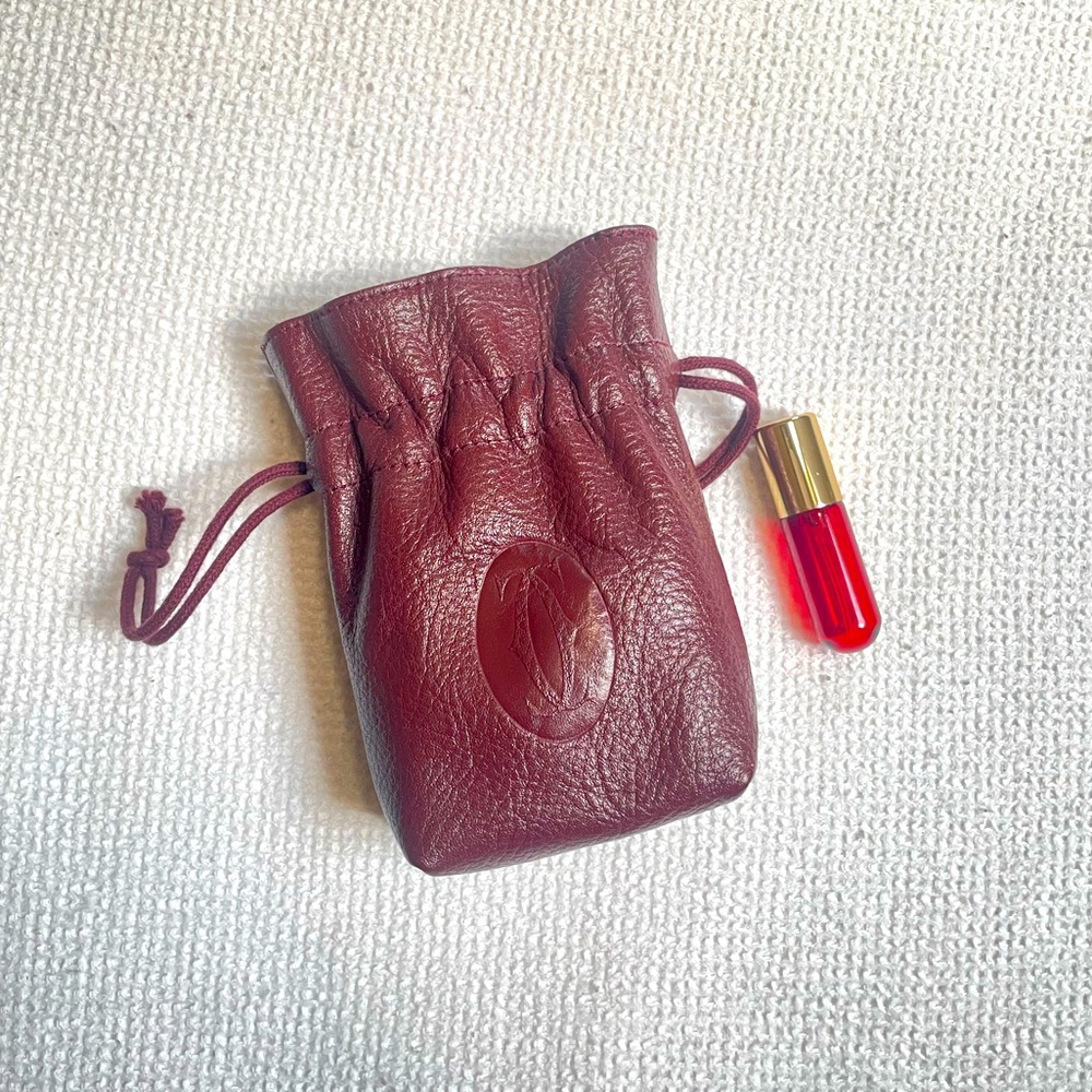 Vintage Cartier Burgundy Leather Pouch & Travel Perfume Bottle Bundle